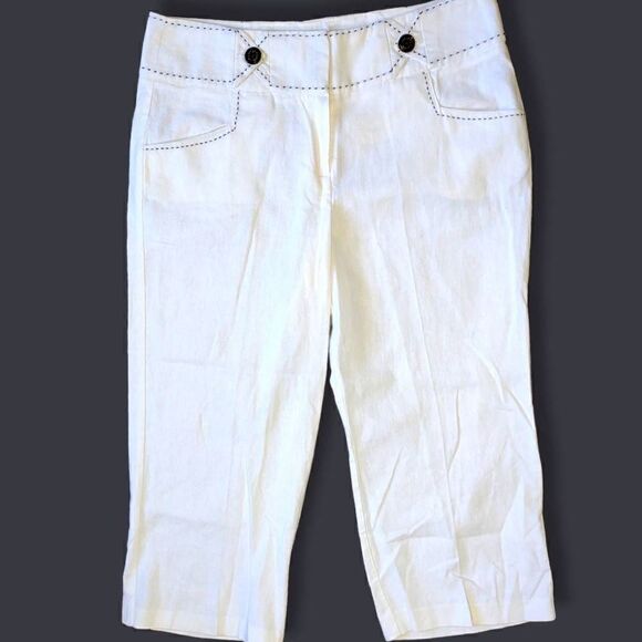 Sharagano Studio White Pants Linen Capris Navy Trim Pockets 6‎ - Picture 1 of 7